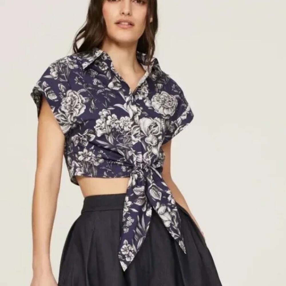 Adam Lippes Blue Hawaiian Floral Crop Top MEDIUM Button Up Shirt Designer $700